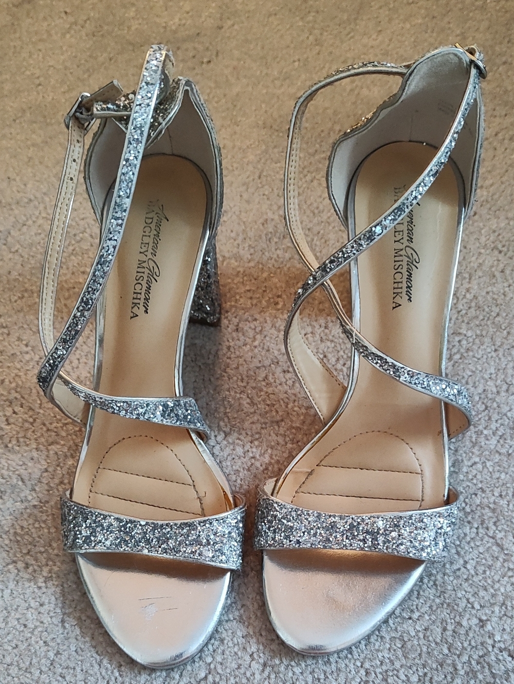 Badgley Mischka Silver Glitter Crisscross Strap Block Heels